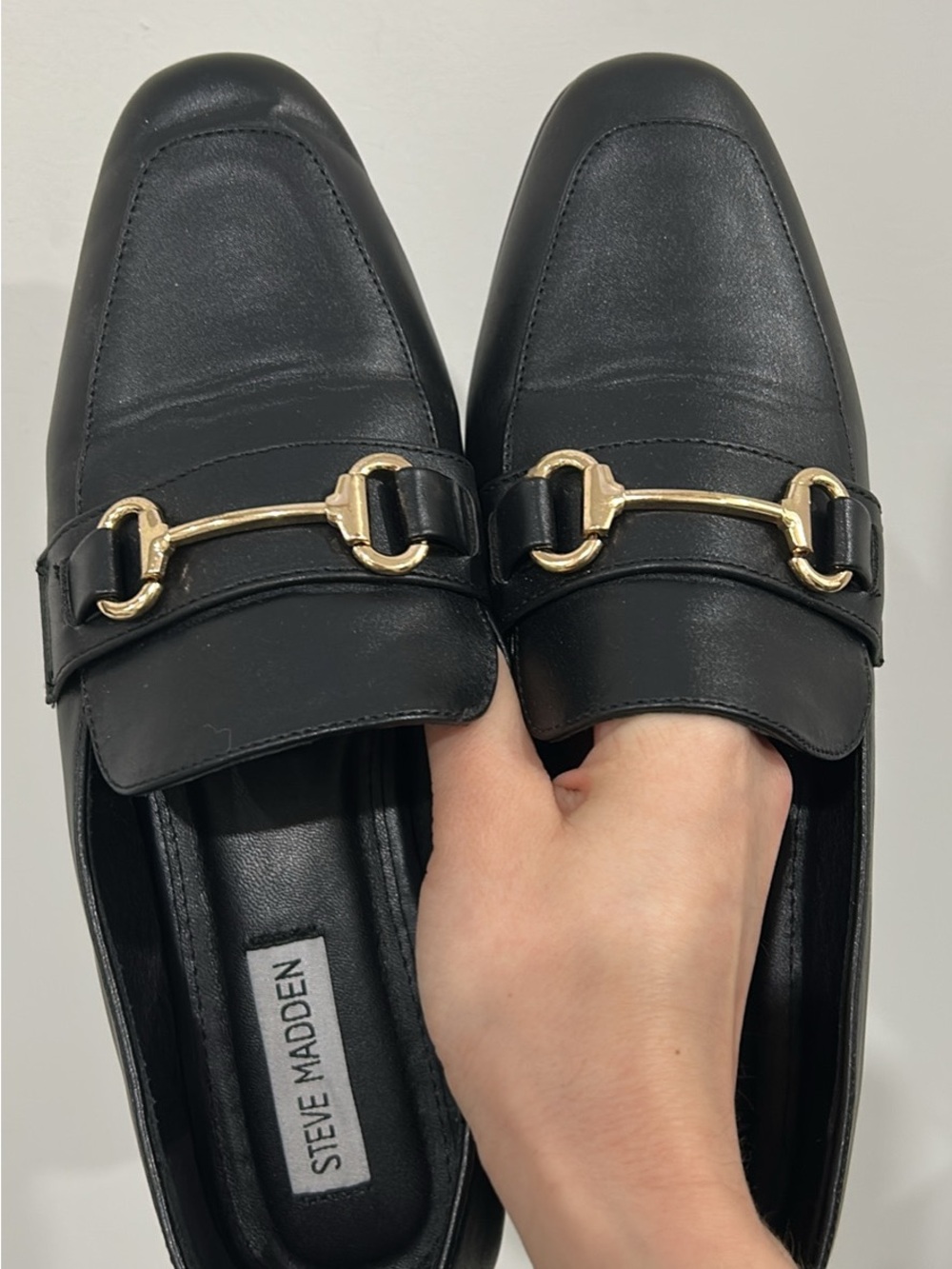 Steve Madden Black Leather Loafers with Gold Horsebit Accent